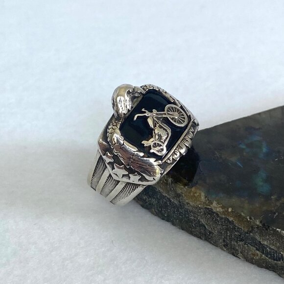 Sterling Silver 925 BGE Heavy Black Onyx Motorcycle Eagle Wide Band Ring Sz 9.5 - Picture 6 of 16